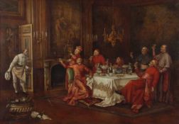 After Andrea Landini (Italian, 1847-1912), Cardinals Toasting the Chef, oil on canvas, 27x39ins,