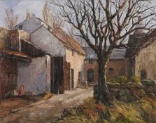Gladys Lines (British, 20th century), Autumnal rural scene with outbuildings, impasto oil on