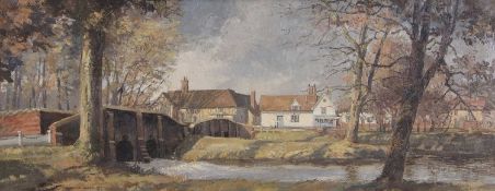 Cavendish Morton (British,1911-2015), Village view across a bridge and river, oil on board, signed,