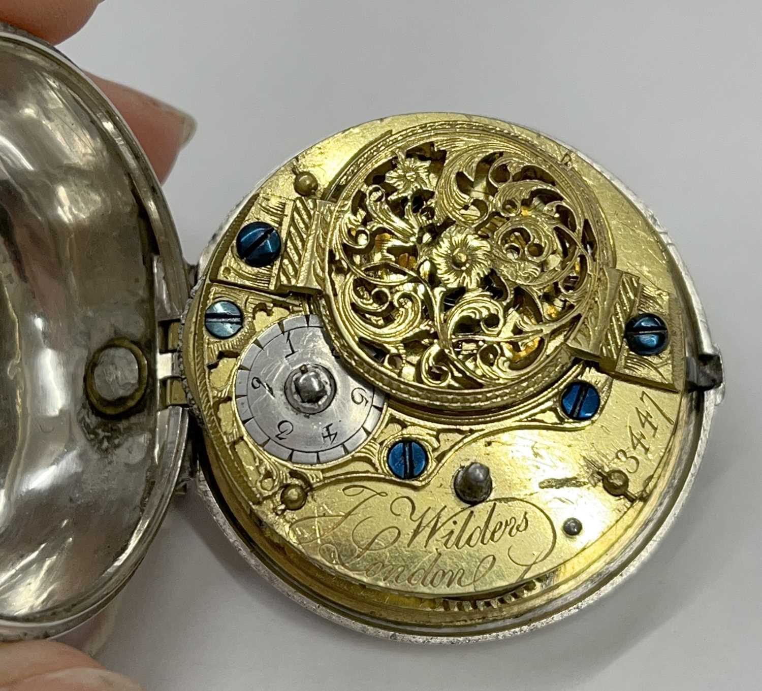 A silver Verge pocket watch with a continental white metal pair case, the pocket watch is hallmarked - Image 9 of 21