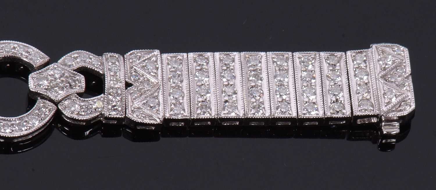 An 18ct white gold and diamond Art Deco style bracelet, comprised of three circlets of small round - Image 8 of 14