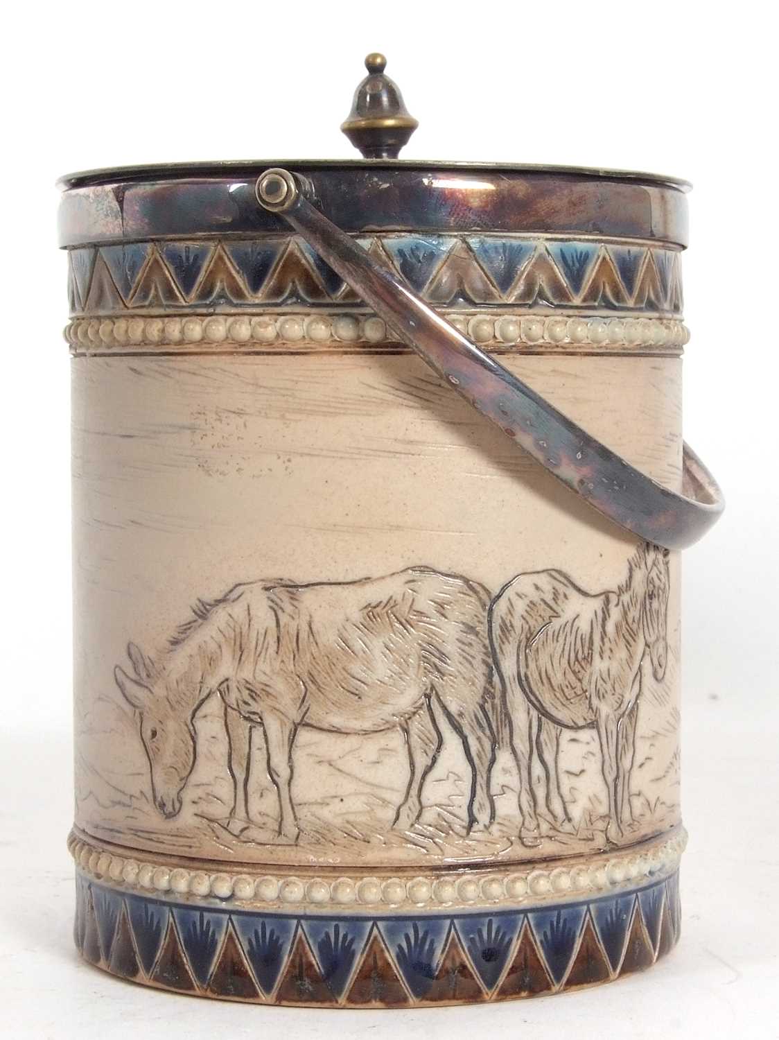 A Doulton Lambeth biscuit barrel with plated rim and cover with a central frieze of incised - Image 2 of 6