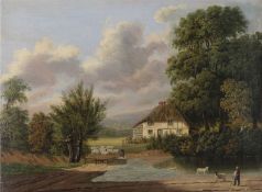 George John Rowe (of Woodbridge) (1797-1864), Rural scene with figures and sheep by a pond and