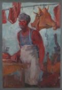 A. Lukin, Russian, 20th century, An oil portrait of an unknown butcher stood amongst hanging meat.