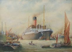 J.W. Crier (British, 20th century), "Galleon's Reach", watercolour, signed, 14.5x20ins, framed and