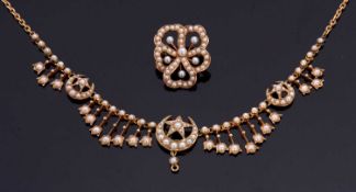 A late 19th century seed and split pearl necklace, with central crescent moon and star set to either