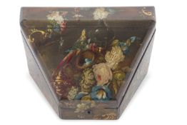 A Victorian papier mache and lacquered wedge formed letter box decorated with birds and foliage,