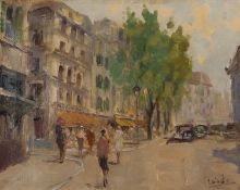 Follower of Jean Salabet (French,1913-1995), a street scene, indistinctly signed lower right,