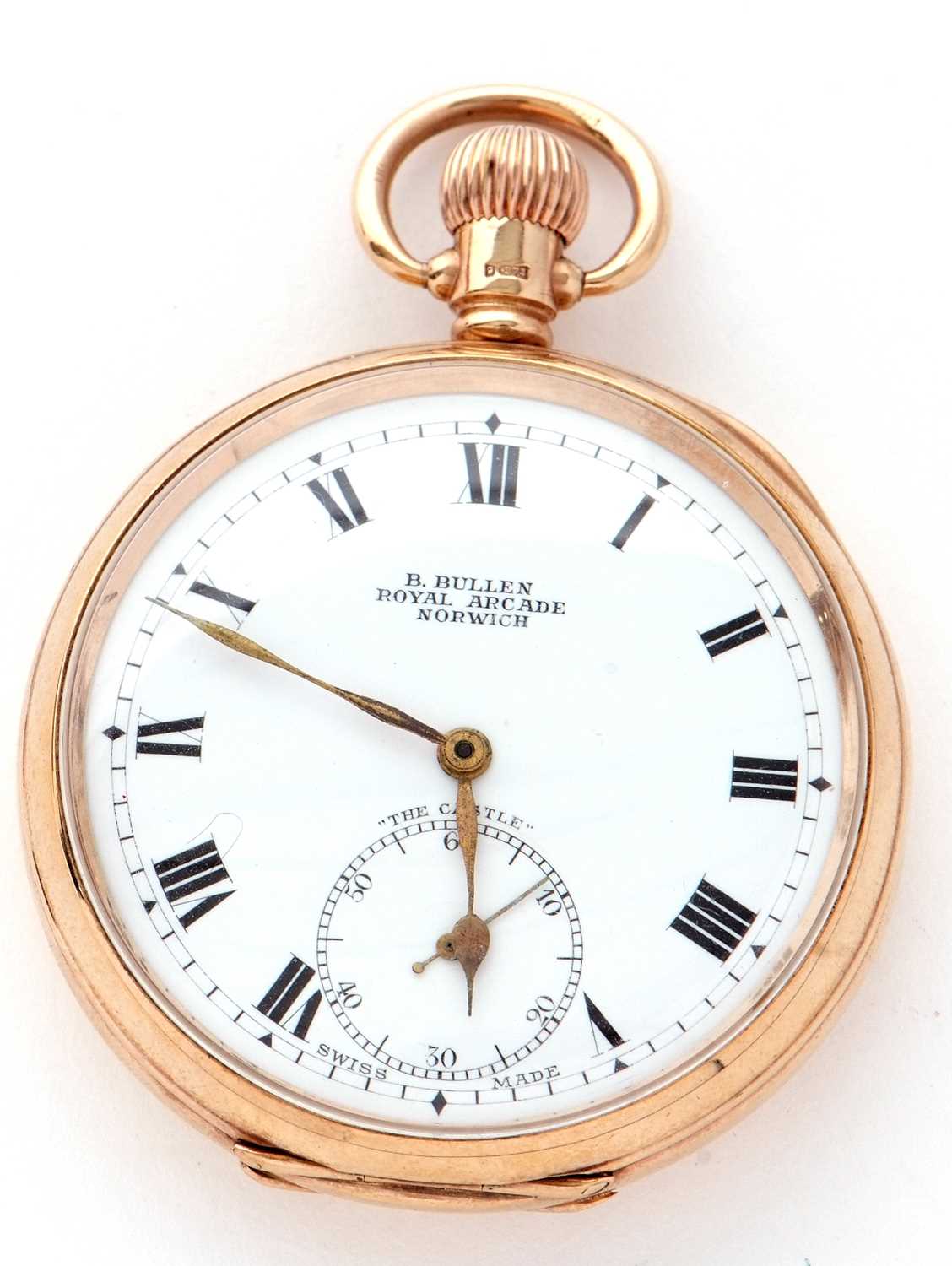 A B Bullen of Norwich 9ct gold open face pocket watch, hallmarked and stamped 375 in the case - Image 3 of 7