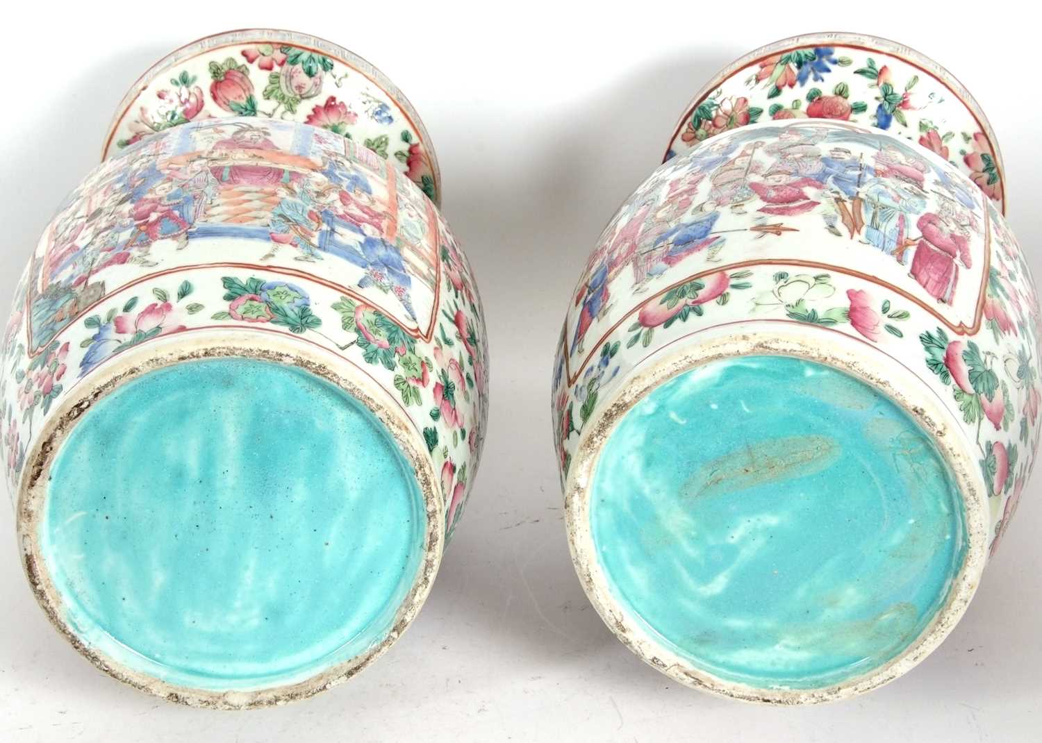 A pair of late 19th Century Cantonese vases decorated in famille rose with panels of Chinese - Image 7 of 7
