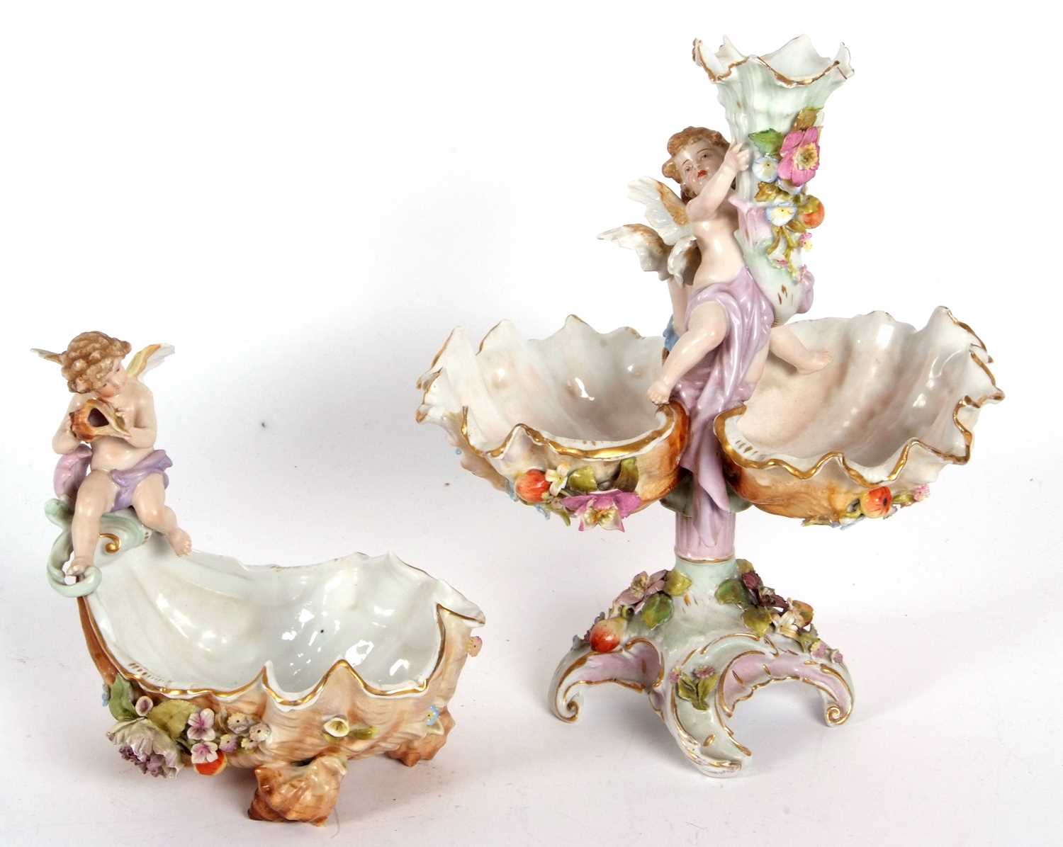 A late 19th Century continental porcelain shell moulded centre piece, the stem with two putti and - Image 2 of 11