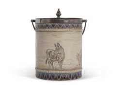 A Doulton Lambeth biscuit barrel with plated rim and cover with a central frieze of incised