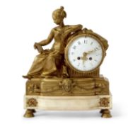 A French 19th Century gilt brass mantel clock with white enamel dial to a brass movement, the case