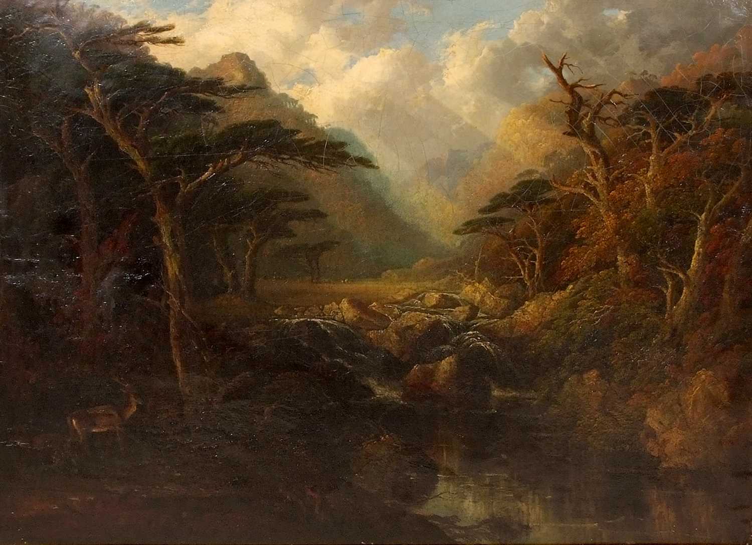 In the manner of John Crome the Elder (1768-1821), Landscape view with deer beside a rocky stream, - Image 2 of 3