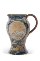 Royal Doulton jug of baluster form with incised Art Nouveau decoration and oval panels of sheep by