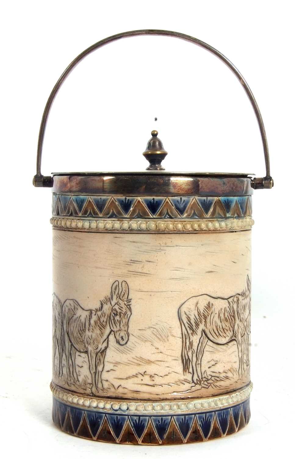 A Doulton Lambeth biscuit barrel with plated rim and cover with a central frieze of incised - Image 3 of 6