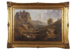 Continental School, circa 19th century, A mountainous landscape scene with figures by a river and
