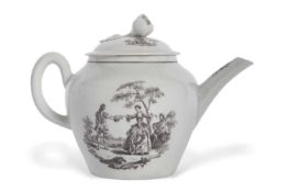 A Worcester porcelain teapot circa 1760 with faceted spout, decorated with prints of L' Amour and