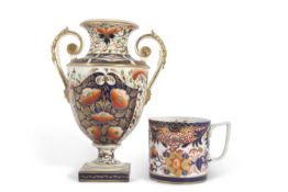 Large Derby vase of Campana form with Imari design, 19th Century (handles restored) together with