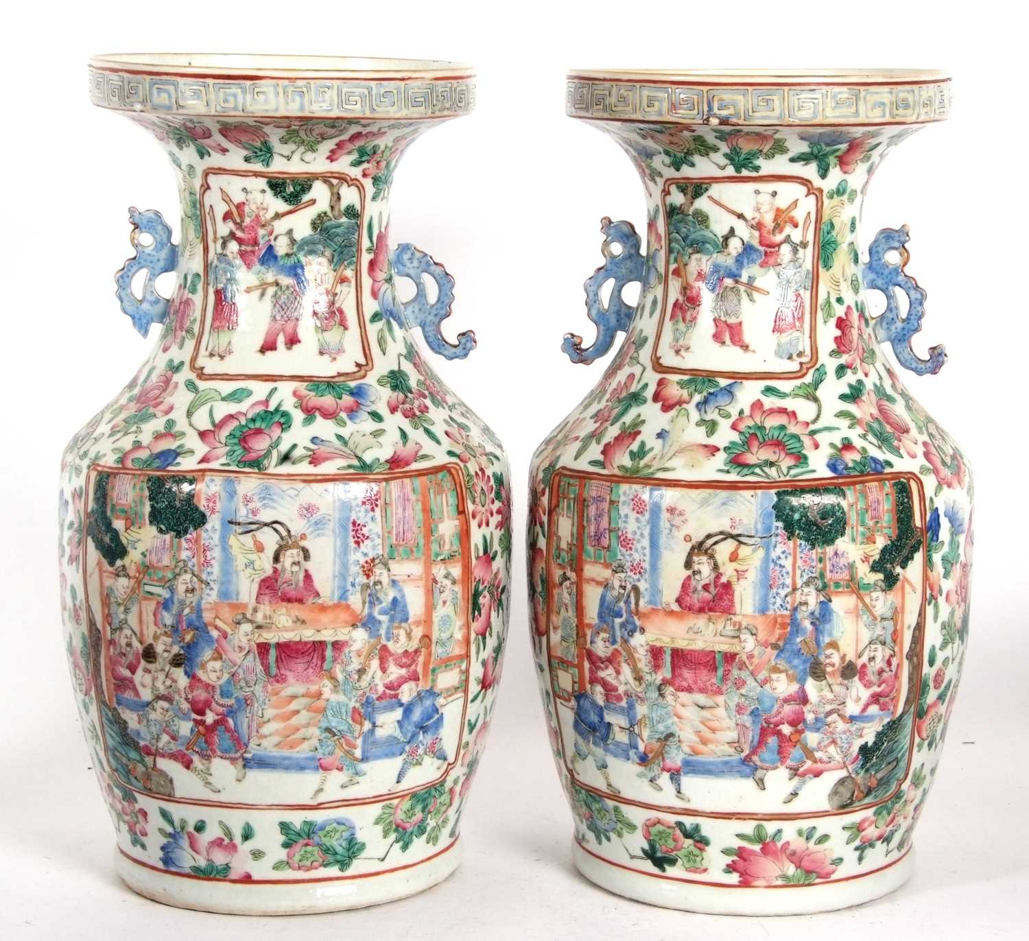A pair of late 19th Century Cantonese vases decorated in famille rose with panels of Chinese - Image 2 of 7