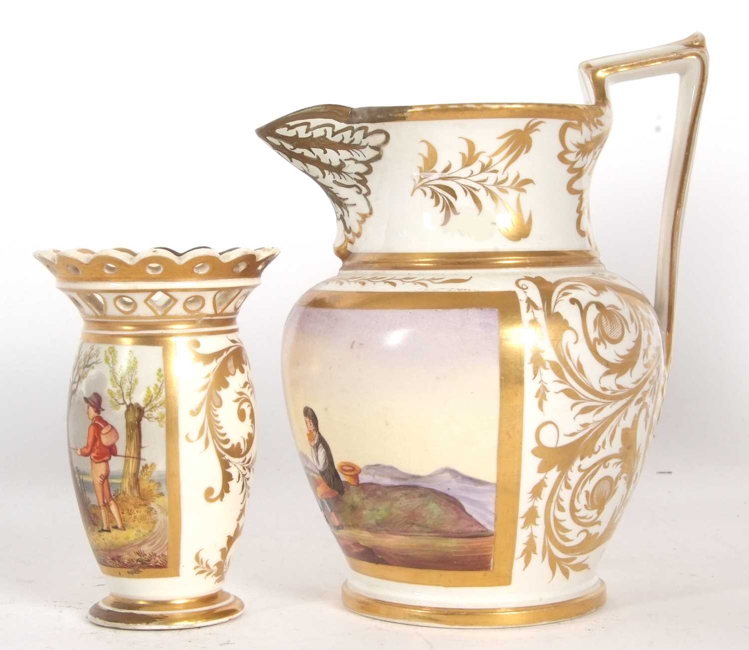 Early 19th Century jug painted with a pastoral scene of figures in a landscape with guilded floral - Image 5 of 6