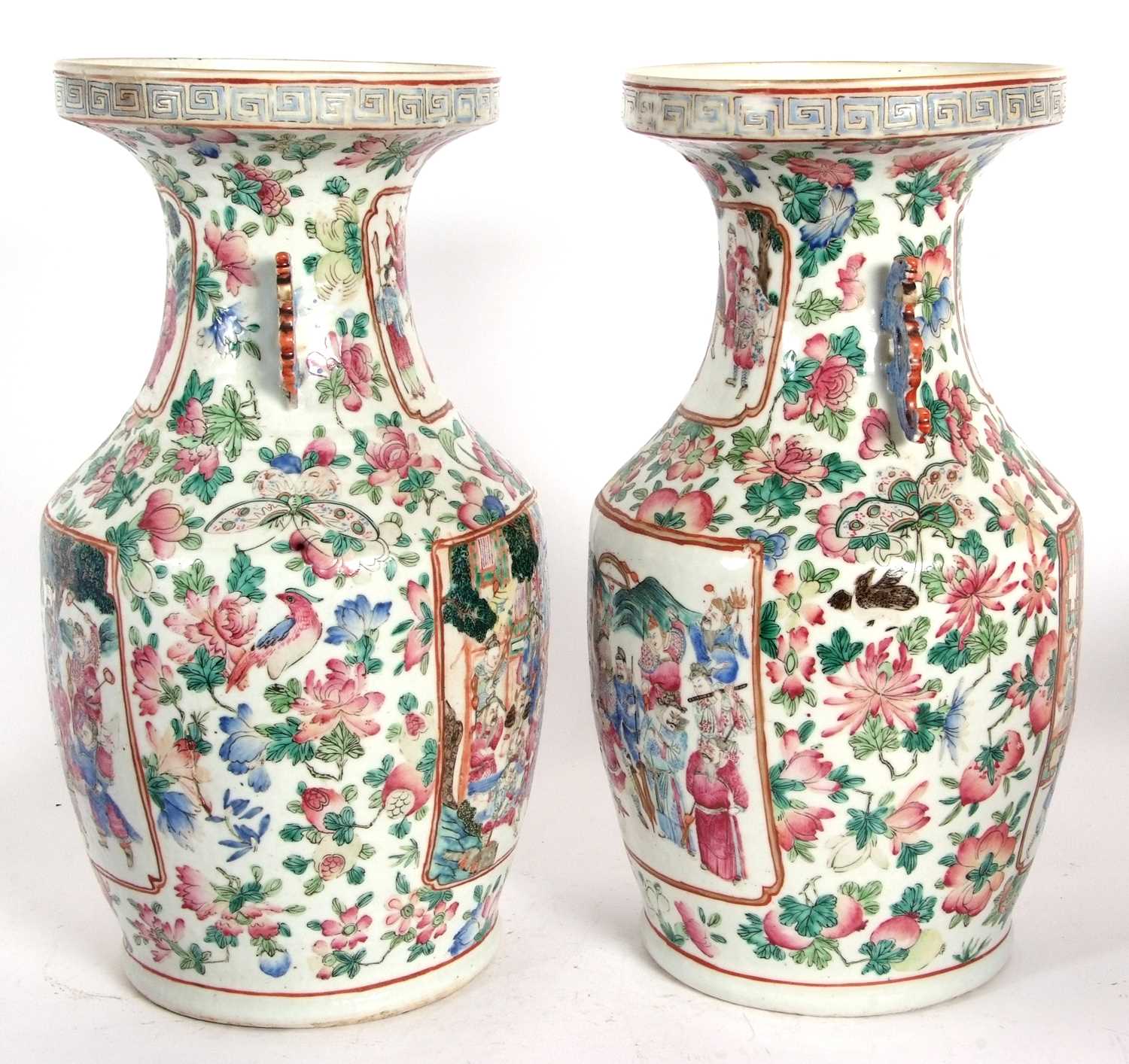 A pair of late 19th Century Cantonese vases decorated in famille rose with panels of Chinese - Image 6 of 7