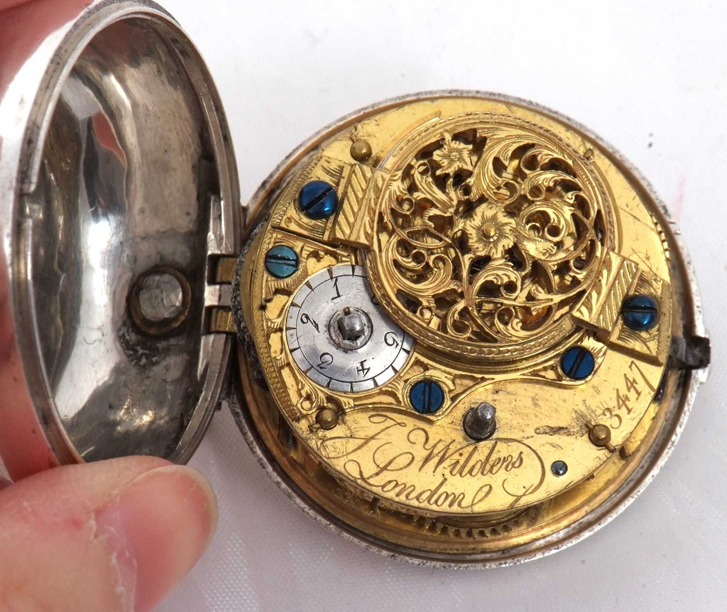 A silver Verge pocket watch with a continental white metal pair case, the pocket watch is hallmarked - Image 6 of 21