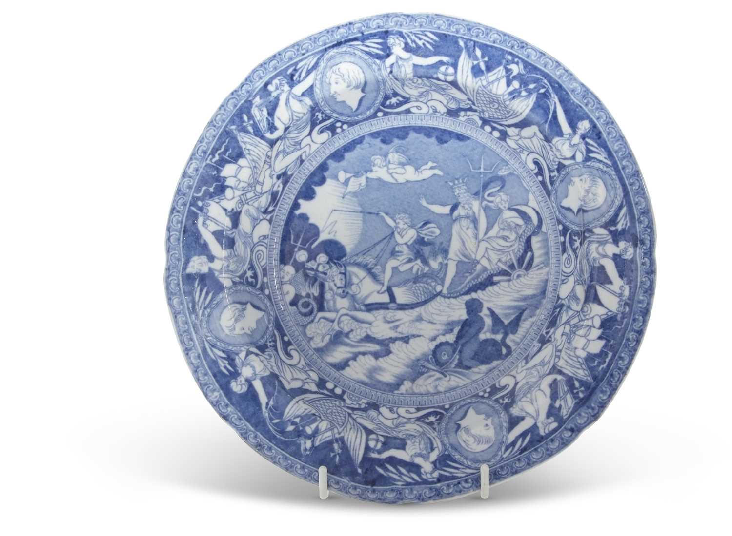 A rare pearlware plate c1810 printed in underglaze blue with an allegorical scene of Nelson being