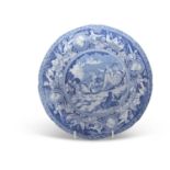 A rare pearlware plate c1810 printed in underglaze blue with an allegorical scene of Nelson being