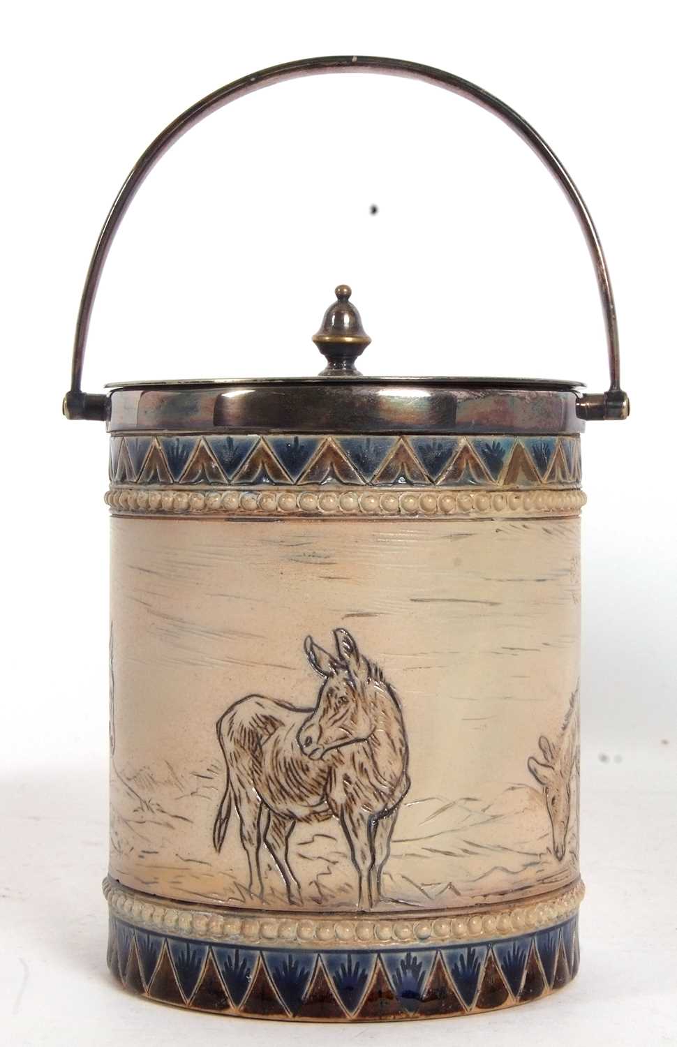 A Doulton Lambeth biscuit barrel with plated rim and cover with a central frieze of incised - Image 5 of 6