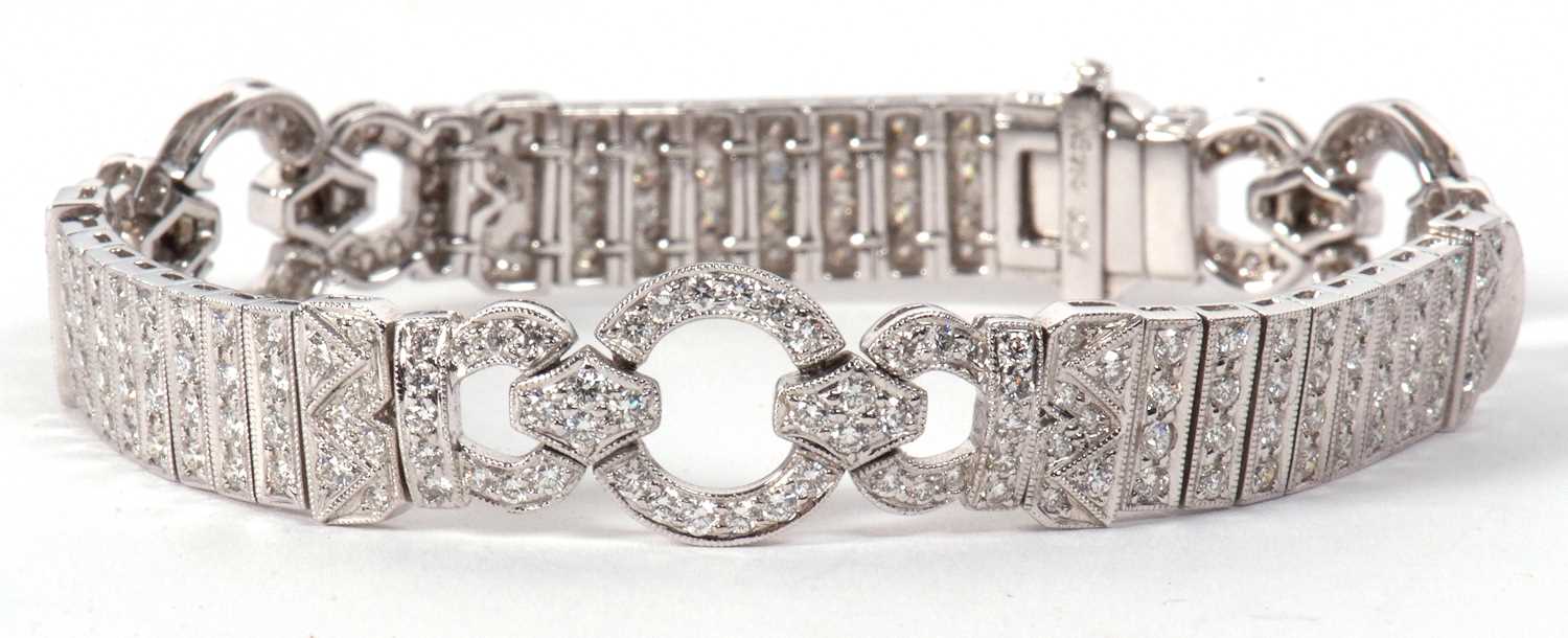 An 18ct white gold and diamond Art Deco style bracelet, comprised of three circlets of small round - Image 13 of 14