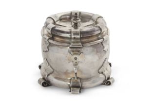 LIBERTY & CO silver tobacco jar barrel shaped body with a swollen base having an applied strap