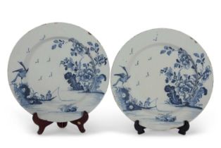 A pair of 18th Century English Delft dishes, probably Bristol with blue and white design, 33cm