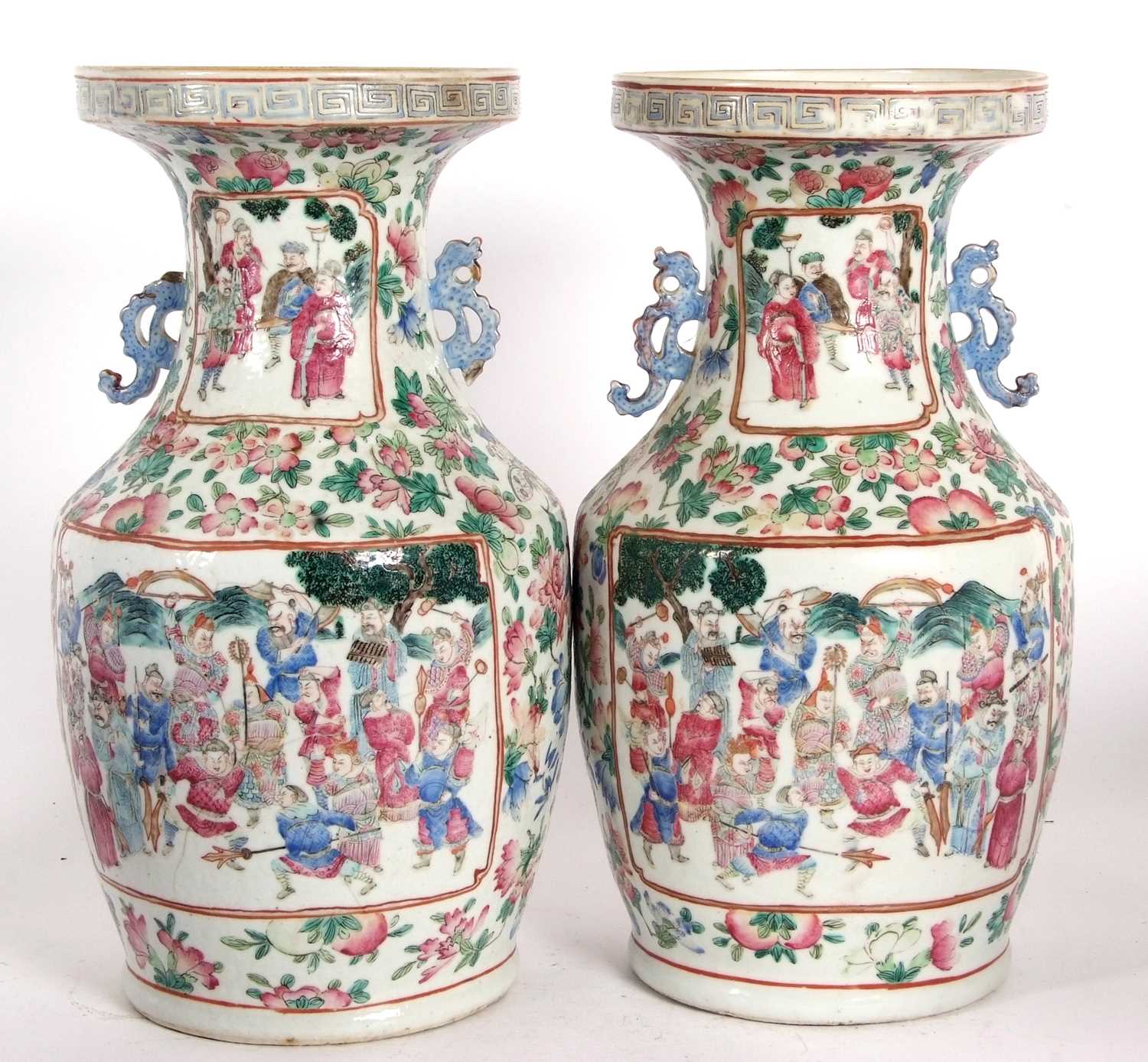 A pair of late 19th Century Cantonese vases decorated in famille rose with panels of Chinese - Image 4 of 7