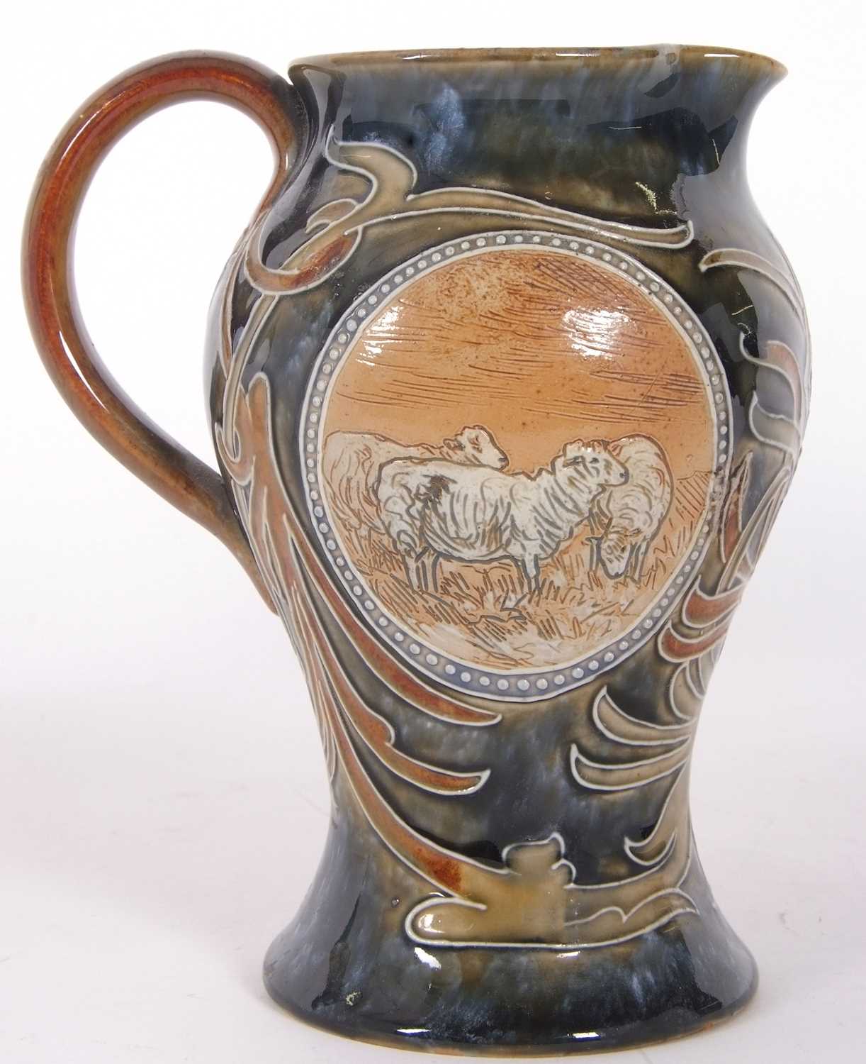 Royal Doulton jug of baluster form with incised Art Nouveau decoration and oval panels of sheep by - Image 4 of 6