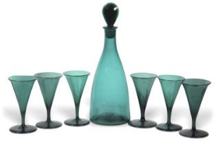 A 19th Century Bristol glass decanter and stopper of mallet shape together with six wine glasses all
