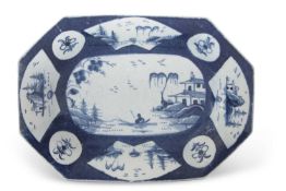 Bow porcelain dish circa 1765, the powder blue ground with panels of painted Chinoiserie decoration,