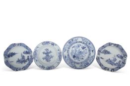 A group of four 18th Century Chinese porcelain blue and white plates, including a large plate with