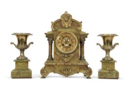 A late 19th Century French green onyx clock garniture by Marti, the clock with architectural case