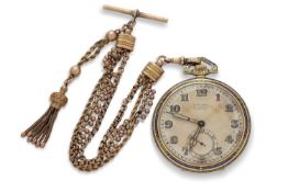 A yellow metal and enamel Longines Grand Prix pocket watch and chain, the case back is stamped .