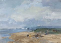 John Burman (British, B.1936), coastal view at Brancaster, oil on board, signed,15x21ins, framed and