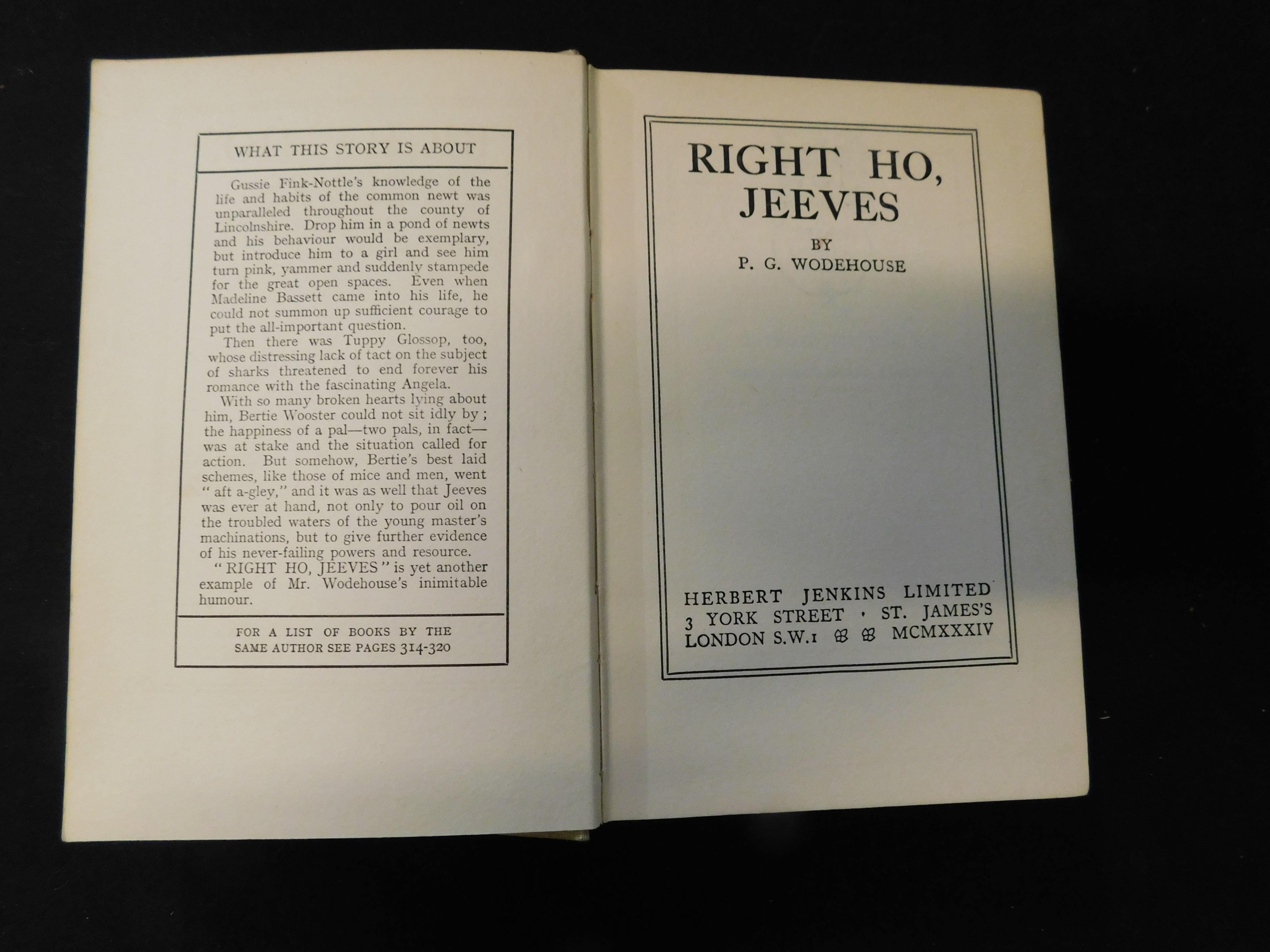 P G WODEHOUSE: RIGHT HO JEEVES, London, Herbert Jenkins, 1934 first edition, 8pp adverts at end, - Image 2 of 2