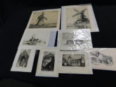 Packet - 8 assorted Norfolk prints including three signed windmill etchings by James Starling,