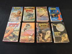 W E JOHNS eight BIGGLES first editions, viz biggles investigates (1964), NO REST FOR BIGGLES (1956),