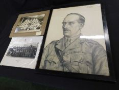 Large charcoal portrait depicting Major P L M Battye dated 1940 together with a good quantity of