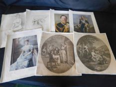 Tray containing a collection of various prints, sketches etc