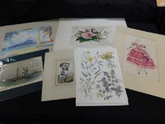 Folio containing a large selection of assorted prints including floral, architects drawings, fashion