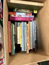 Box of books mainly children's titles including Gimlet's Oriental Quest by W E Johns, Enid Blyton'