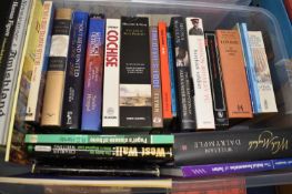 Two boxes of books including various history, antique furniture, transport, etc