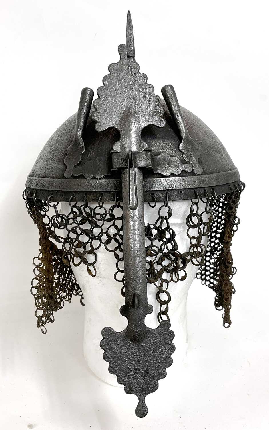 Late 19th Century Indo-Persian Kula - Khud helmet with a sliding nasal bar, twin plume sockets and - Image 9 of 10